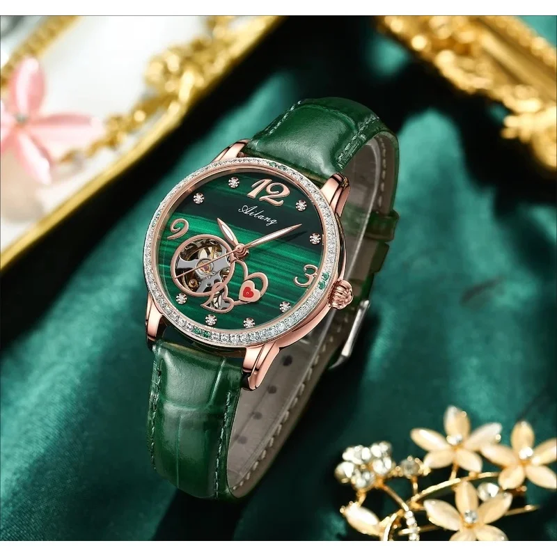 AILANG Luxury Skeleton Automatic Mechanical Wristwatch for Women Green Dial with Diamond Accents Luminous Hands Waterproof Ladie