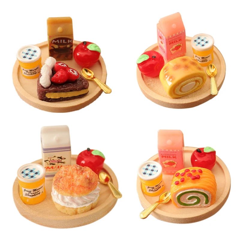 6 ชิ้น/เซ็ต 1/12 Dollhouse Miniature อาหารของเล่นจําลองขนมเค้ก Jam เครื่องดื่มชุดถาดของเล่นเด็กตุ๊กตาอุปกรณ์ตกแต่ง