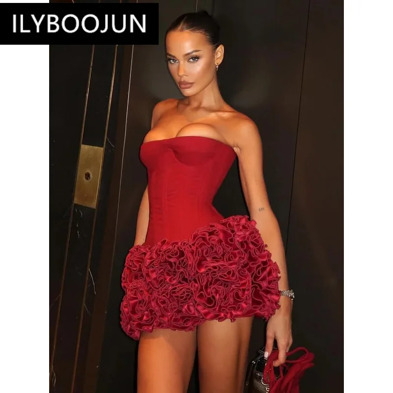 Ladies Sexy Strapless Backless Red Flower Mini Women Celebrity Dress Party Evening Club Vestido Bodycon Luxury Wrap