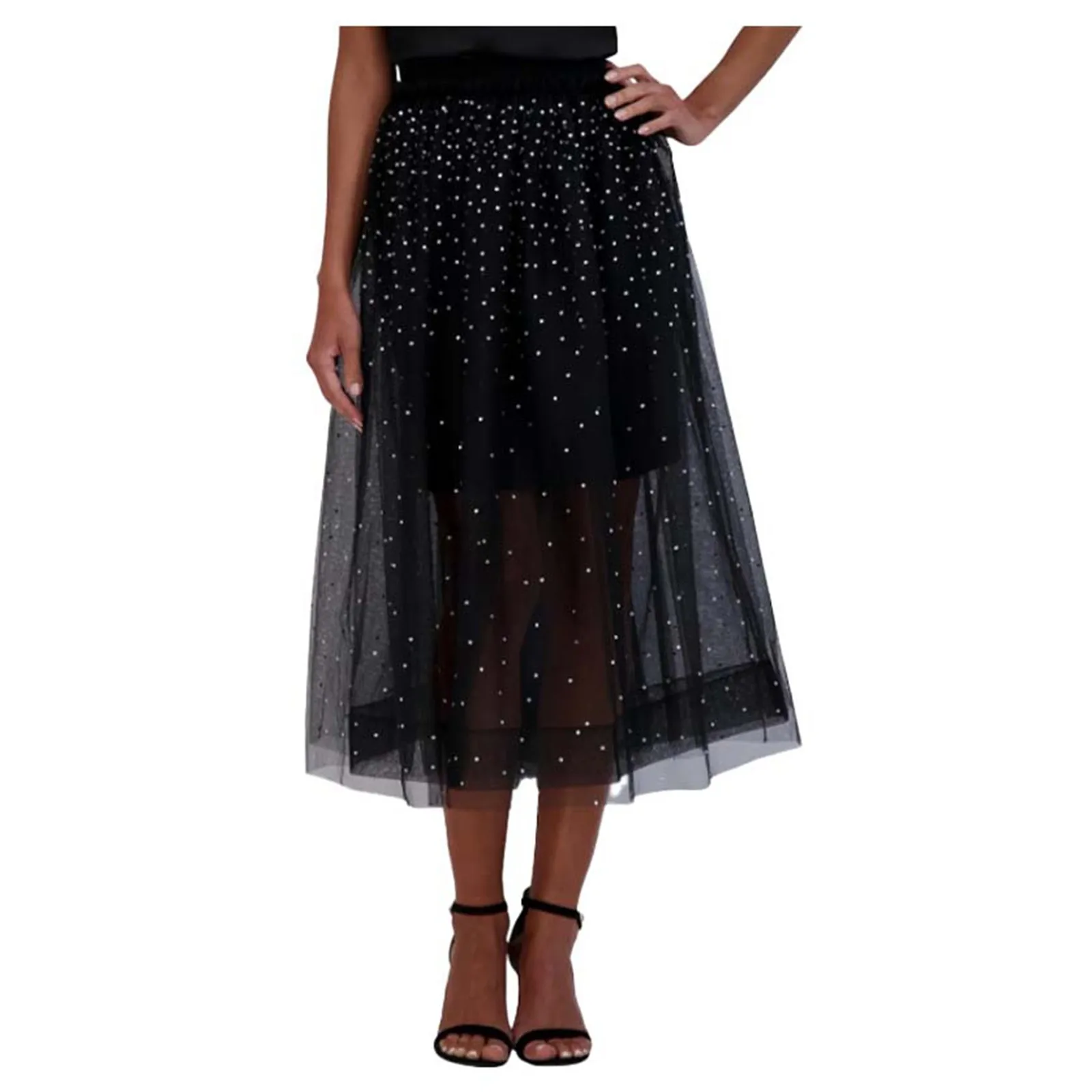 Womens Mesh Layered Pleated Skirts Chiffon Sparkly Elastic High Waist Tulle lrregular Hem Ruffle Prom Party Sexy A-Line Skirt