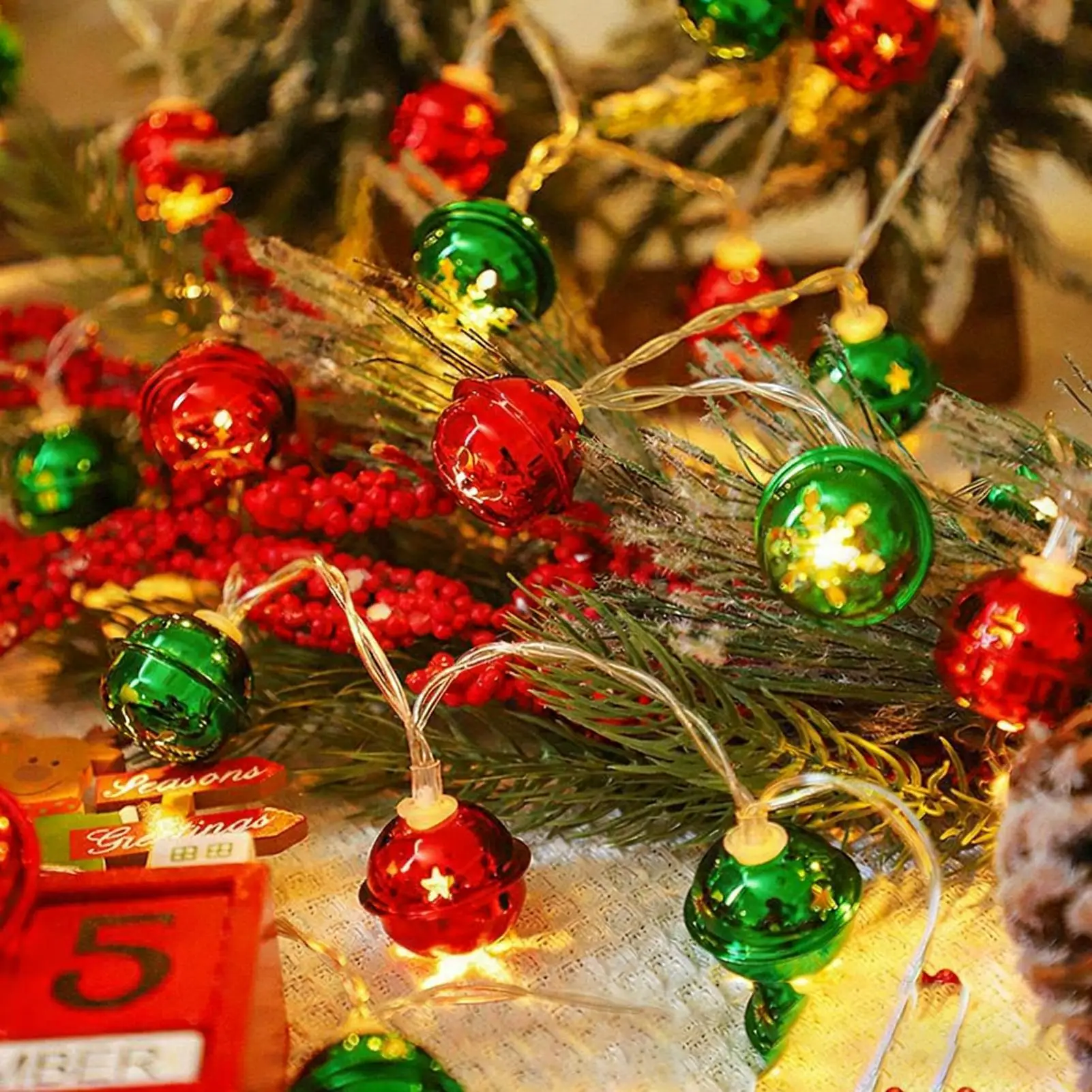 عيد الميلاد الأحمر الأخضر أجراس سلسلة أضواء معلقة جارلاند مصباح للزينة بطارية تعمل بالطاقة للمنزل غرفة نوم الموقد ديكور #4