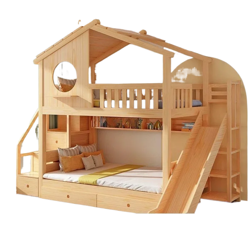 Upper and Lower Bunk Beds Full Solid Wood High and Low Mother Bed Castle Tree House Slide