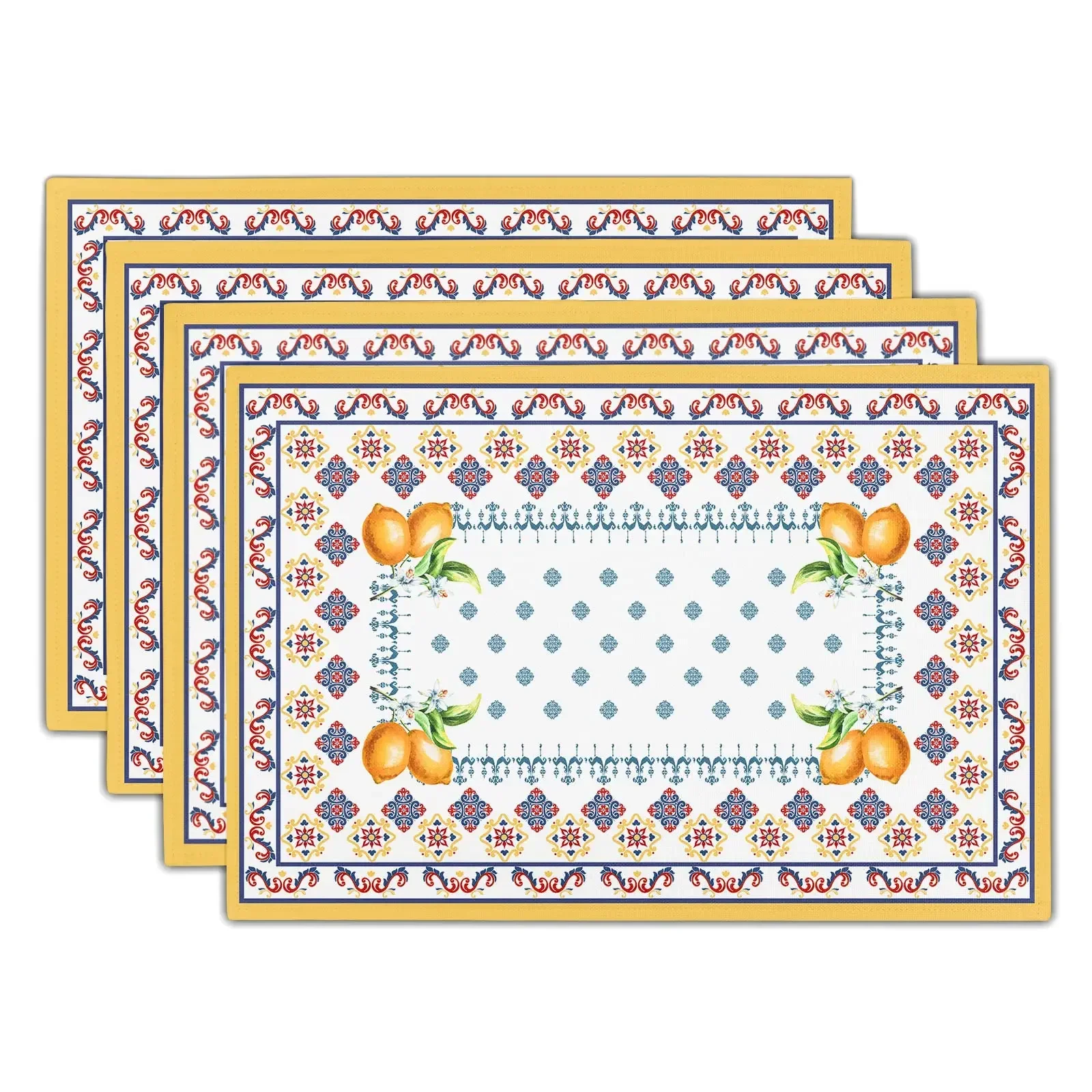 Summer Lemon Placemats Yellow Blue and White Boho Floral Table Mats Elegant French Farmhouse Linen Rectangular Washable