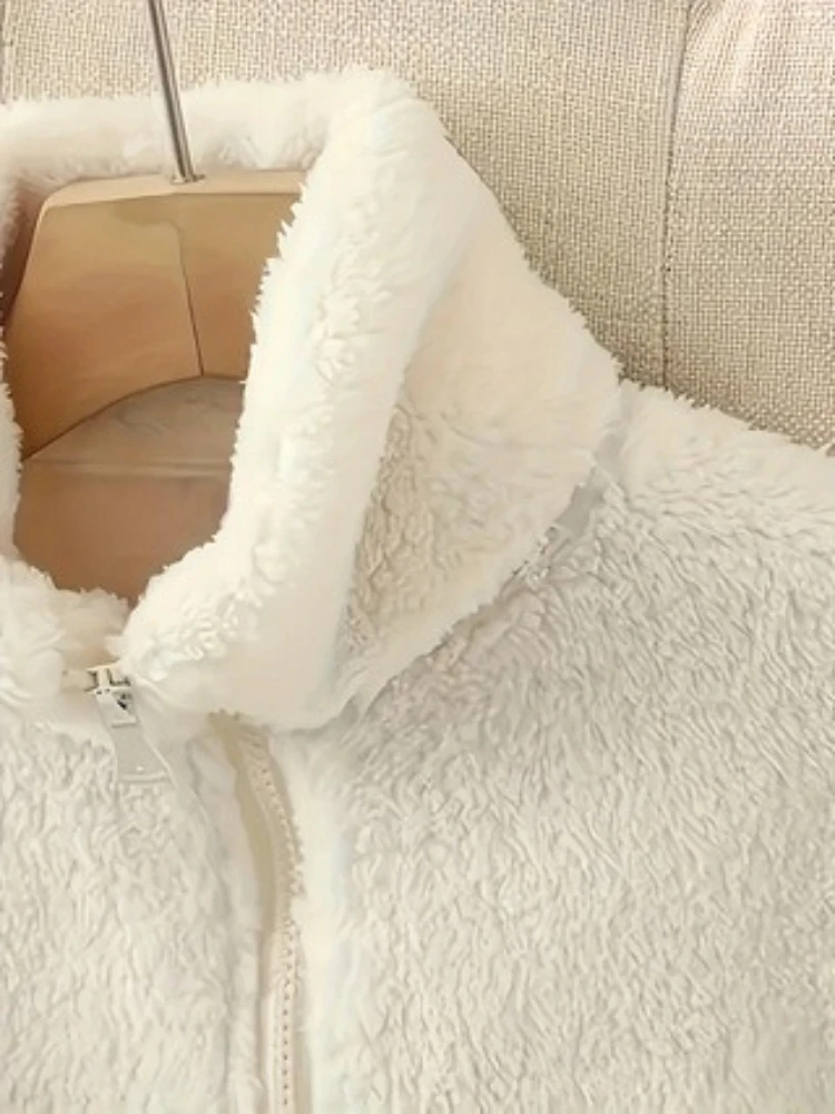 Chaqueta corta blanca de piel sintética para mujer, abrigos holgados de felpa con cremallera, chaquetas peludas de manga larga, abrigo esponjoso cálido y elegante para invierno