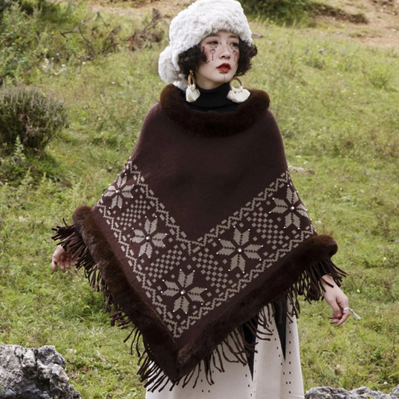 Jacquard Kralen Nepbont Gebreide Trui Poncho Jas Lange Vrouwen Herfst Winter Mode Cape Vrijetijdsreizen Mantel Wraps Kwasten