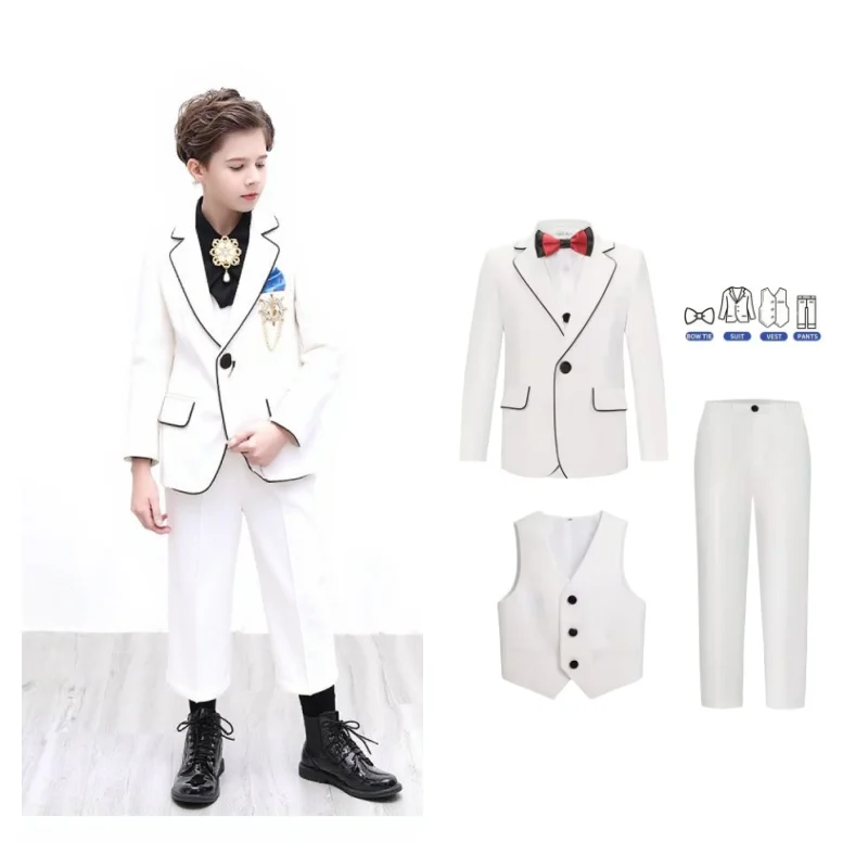 Kids White Festival Suit Set Children Piano Performance Ceremony Tuxedo Dress Boys Wedding Birthday Party Photography Outfit