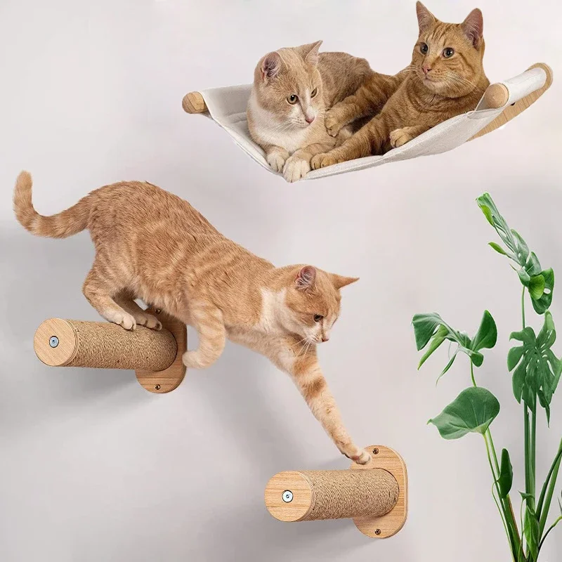 

Cat Wall Hammock Wooden Wall Mounted Cat Furniture Floating Wood Climb Cat Climber Balcony Hanging Bed Nest Frame Pet Ladder Toy