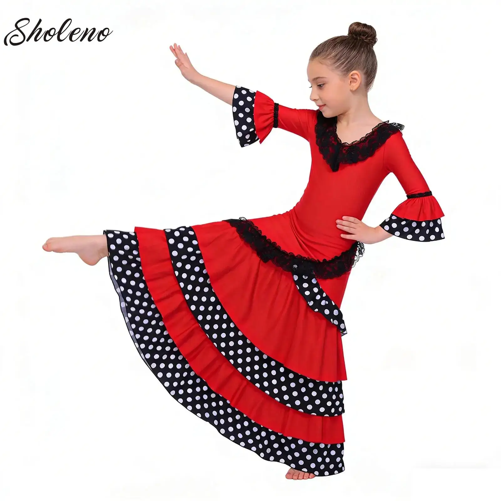 

Classic Flamengo Bullfight Festival Dress for Girls Kids Spanish Flamenco Dance Dresses Carnival Stage Performance Costume