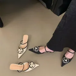 Women's Slippers 2025 Summer Fashion Career Convenience Slippers Flower Decoration Bag Head Large-size Slippers Zapatos Mujer
