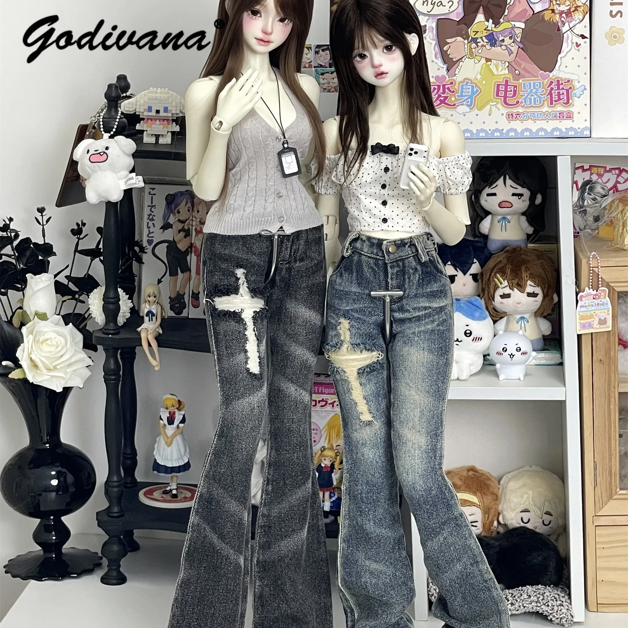 1/3 1/4 BJD Doll Slim Flared Jeans Vintage Washed Distressed Cross Pattern Daily Casual Versatile Denim Pants for Doll