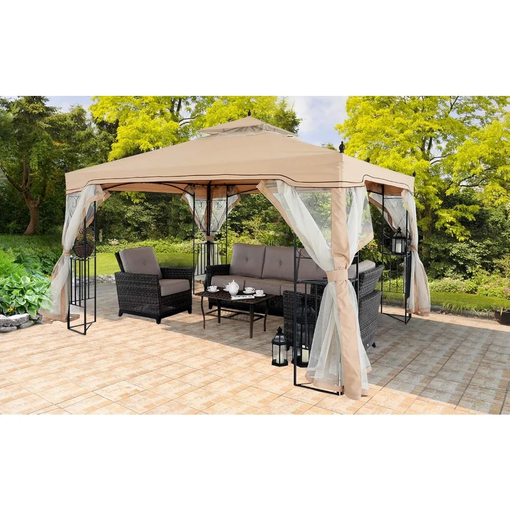 

10x12 Patio Outdoor Gazebo with Netting Screen Walls and Corner Shelf Design, Outdoor Gazebo