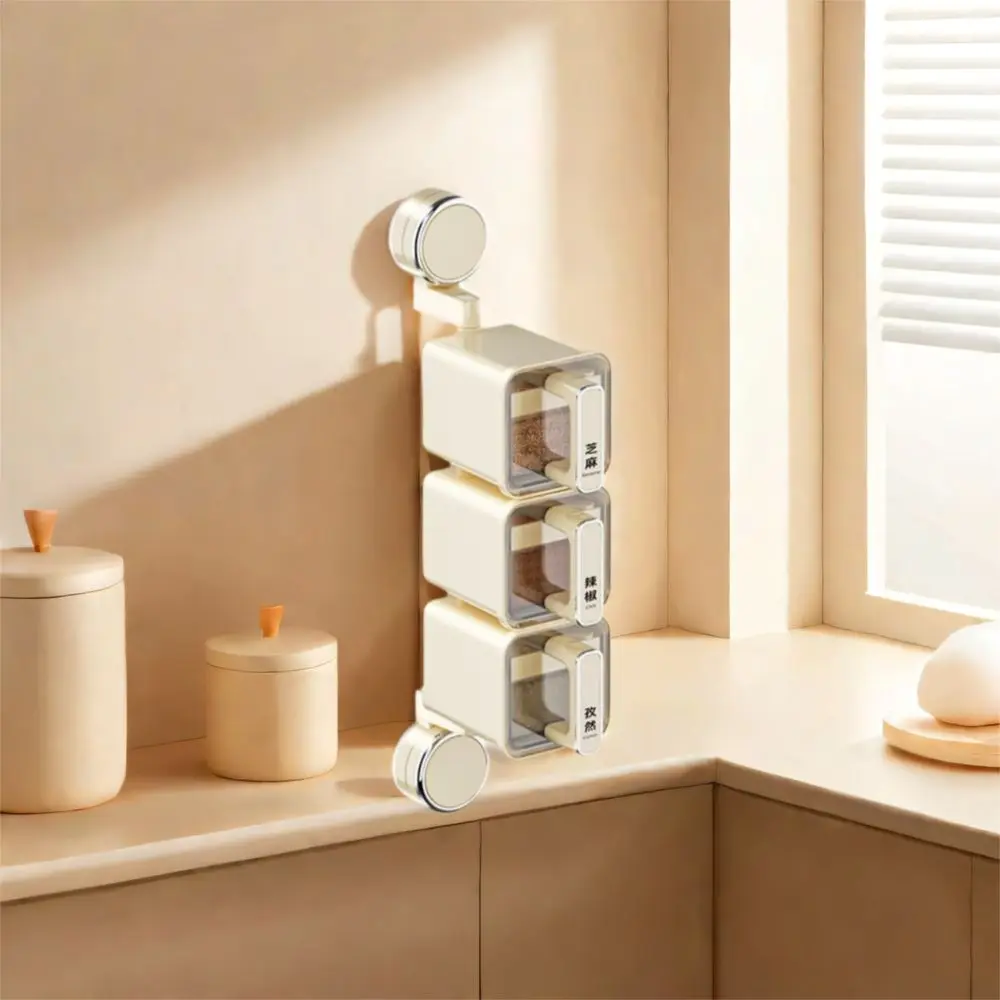 

Rotating Suction Cup Seasoning Box 2/3 Grids Space Saving Dust-proof Seasoning Jar Moisture-proof with Spoons