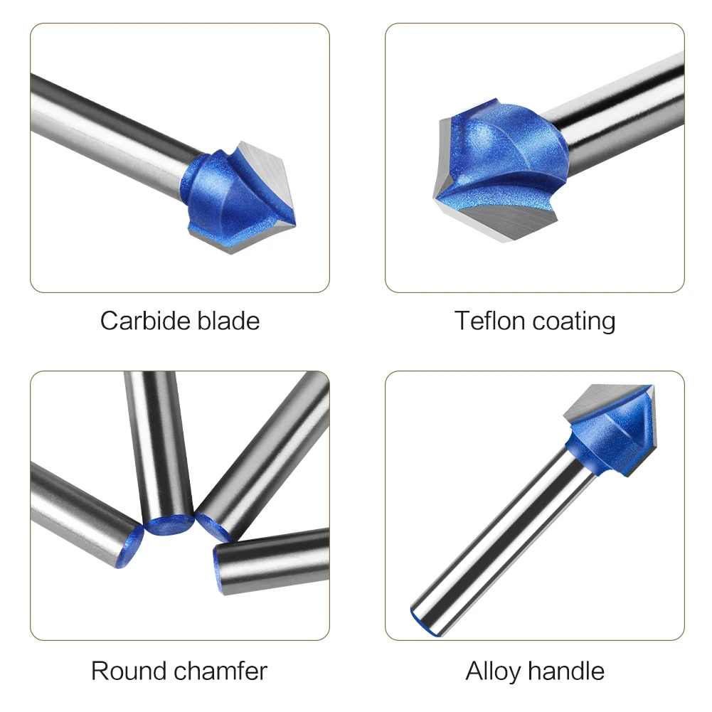 6mm 1/4in Shank 90 Degrees V Type Slotting Cutter Carbide Router Bit Carving Grooving Tools Woodworking Milling Cutter