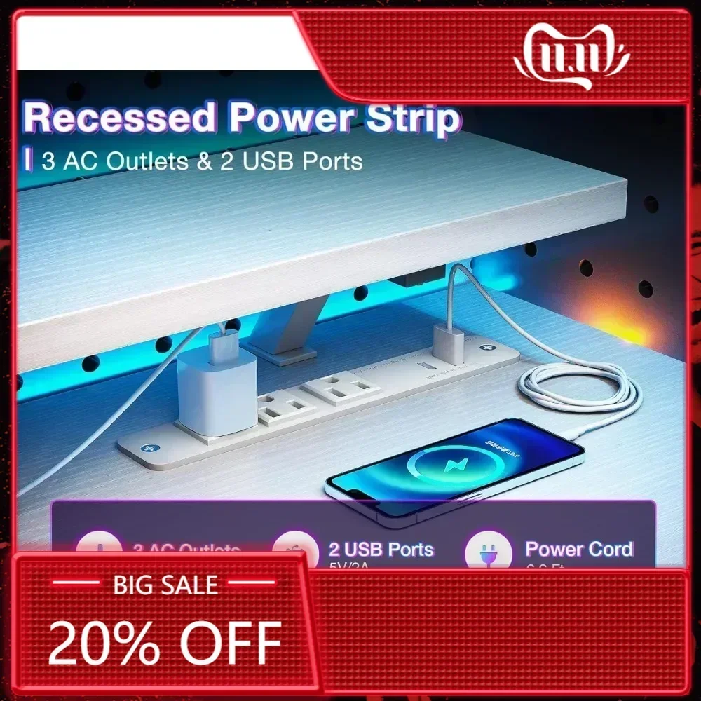 

Двусторонний игровой стол с USB-портом для зарядки и светодиодной подсветкой, 40-дюймовый компьютерный стол с полками для хранения и подставкой для монитора, Writi