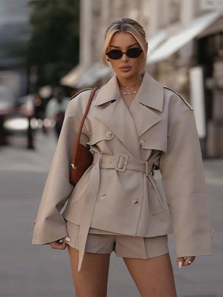 

Fashion Women Trench Coat Lapel Raglan Sleeve Double Breasted Solid Color Short Windbreaker Office Lady Outerwear Commuting