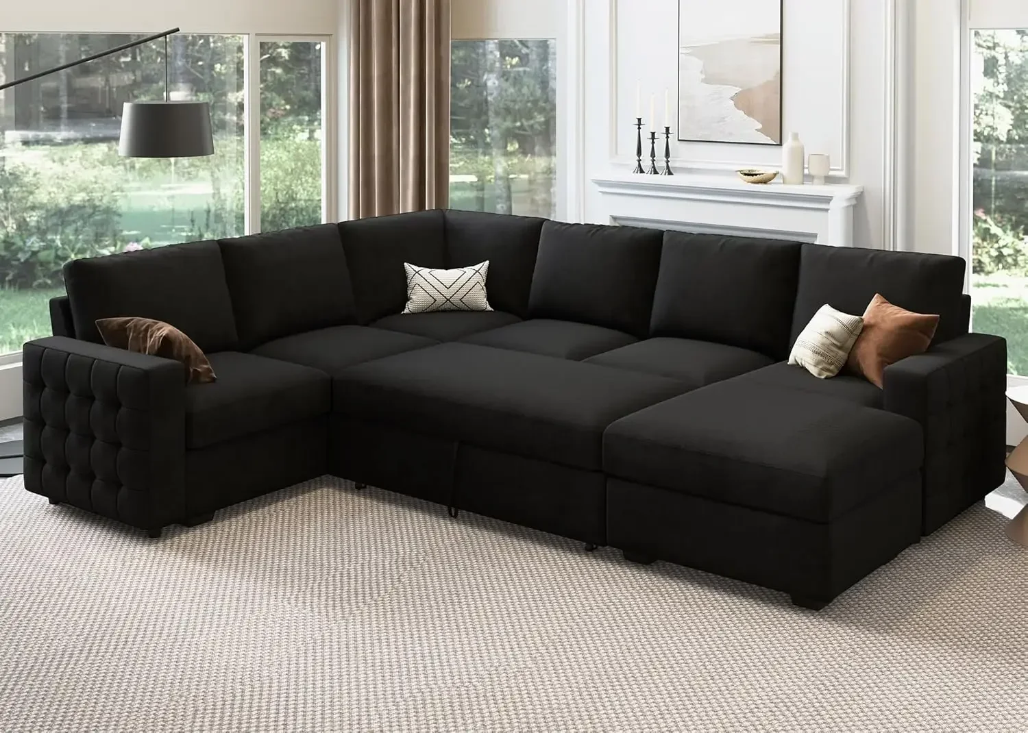 Sectional Sleeper Sofa Pull Out Bed with Storage Chaise,Pull-Out Bed U Shaped Sectional Couch for Living Room, Black