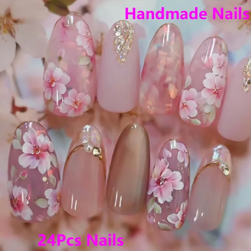 

24 шт. коротких круглых накладных ногтей с цветочным узором, летние, полностью покрывающие, с эффектом пресс-он, в форме миндаля