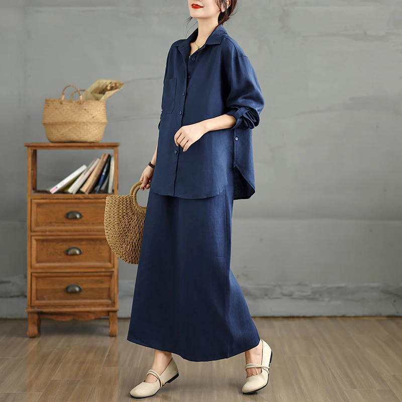 

Women's Cotton Linen irt Set Slimming Top f Skirt Two-Piece Pure Color High-End Aosphere Commute Sle Casual Faion
