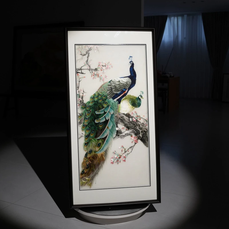 Pure handmade finished embroidery hanging painting peacock living room porch aisle decorative painting