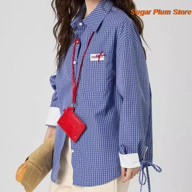 Korean Version of Minimalist College Style New Blue Plaid Long-sleeved Shirt in Spring and Autumn Feminine Comfortable Loose Top