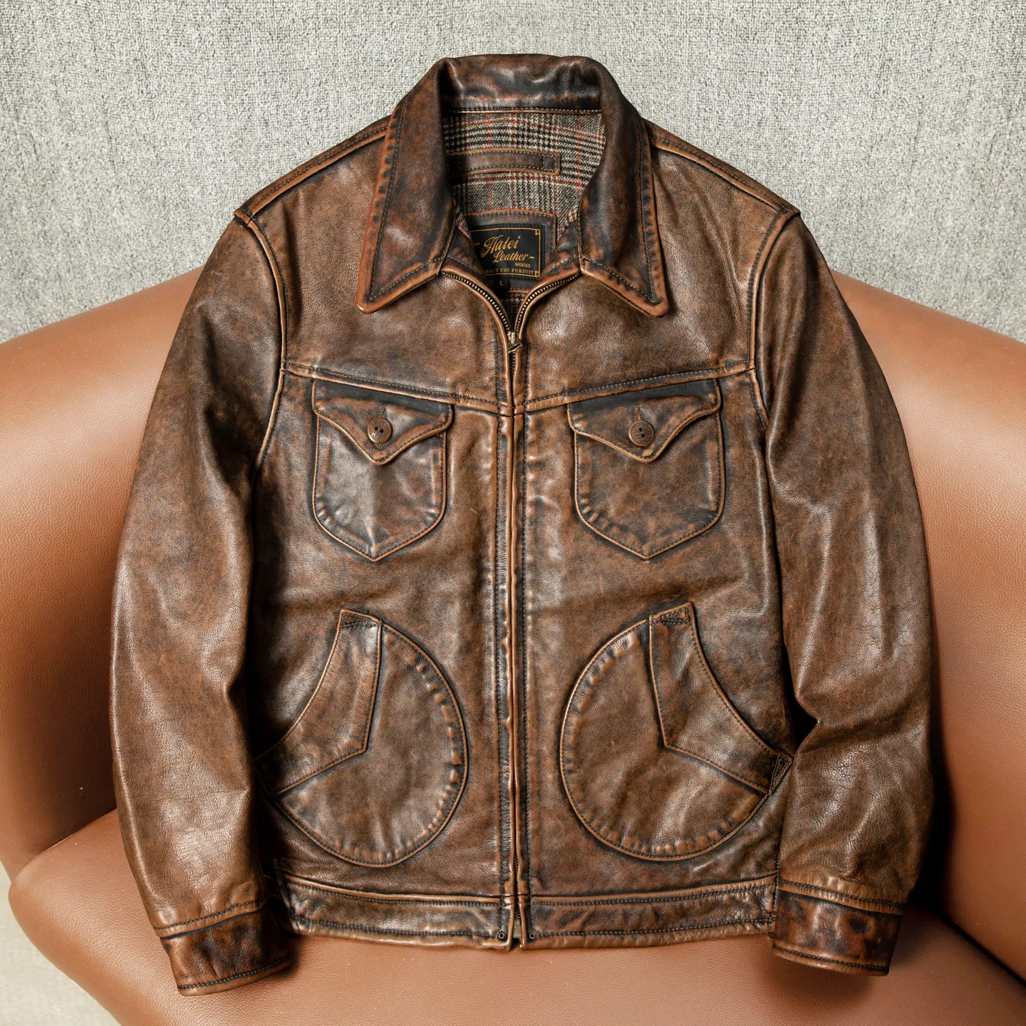 Ready-to-wear heavy wash old men's lapel motorcycle suit leather jacket