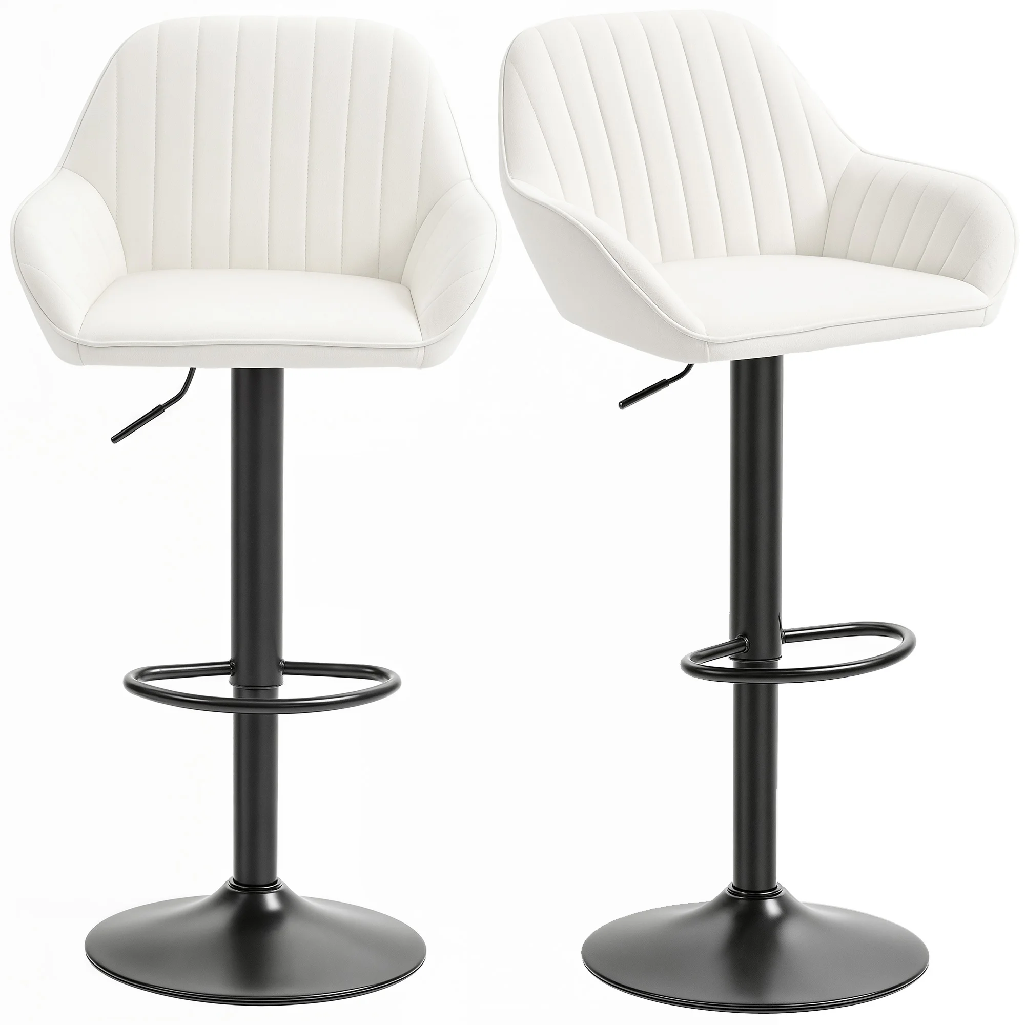 Homcom Lot de 2 tabourets de bar pivotants, tabourets hauts de cuisine à hauteur réglable 62-83 cm, chaises de cuisine hautes, rembourrées en velours, dossier et repose-pieds, crème