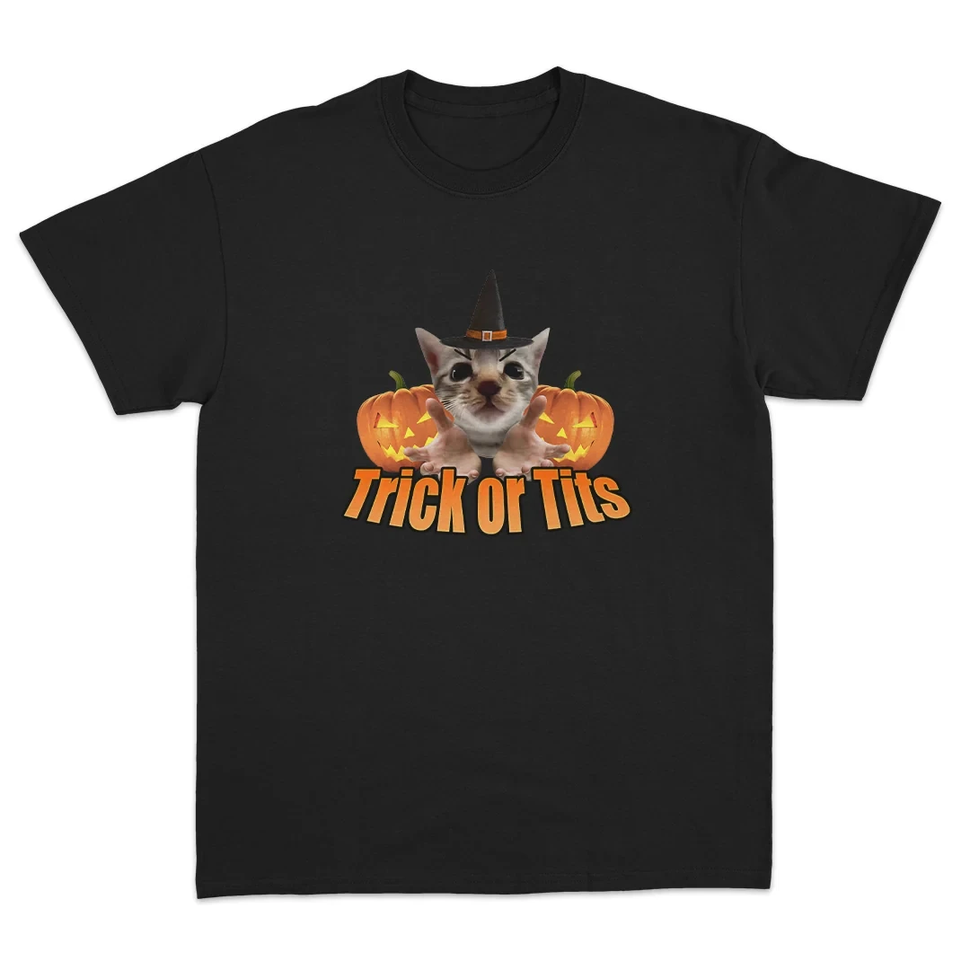 Funny Halloween Cat Meme T Shirt Trick Or Tits Witch Kitten Pumpkin Graphic Tees Unisex Cotton Short Sleeve Tops