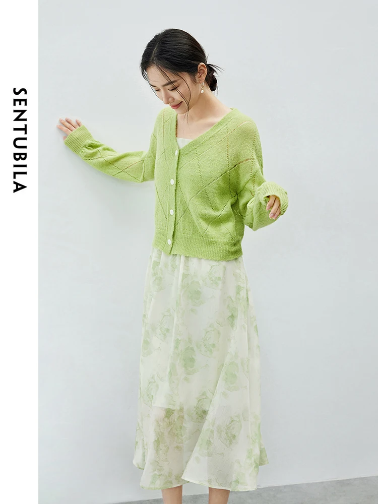 SENTUBILA Women  Holiday Dress Set 2024 Autumn Wool Knit Hollow Cardigan Print Chiffon Sexy Dress Two Piece Sets 741Z51449