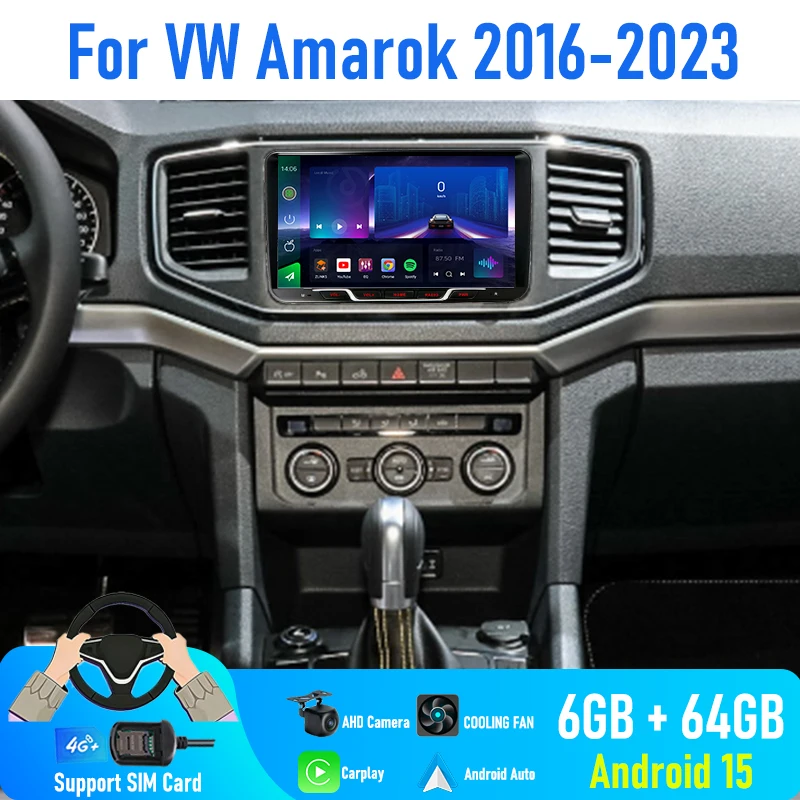 

9'' For VW Amarok 2016-2023 Car Radio 4G SIM Wireless Carplay Android 15 Auto Steering FM Google Map GPS Rear Camera Head Unit
