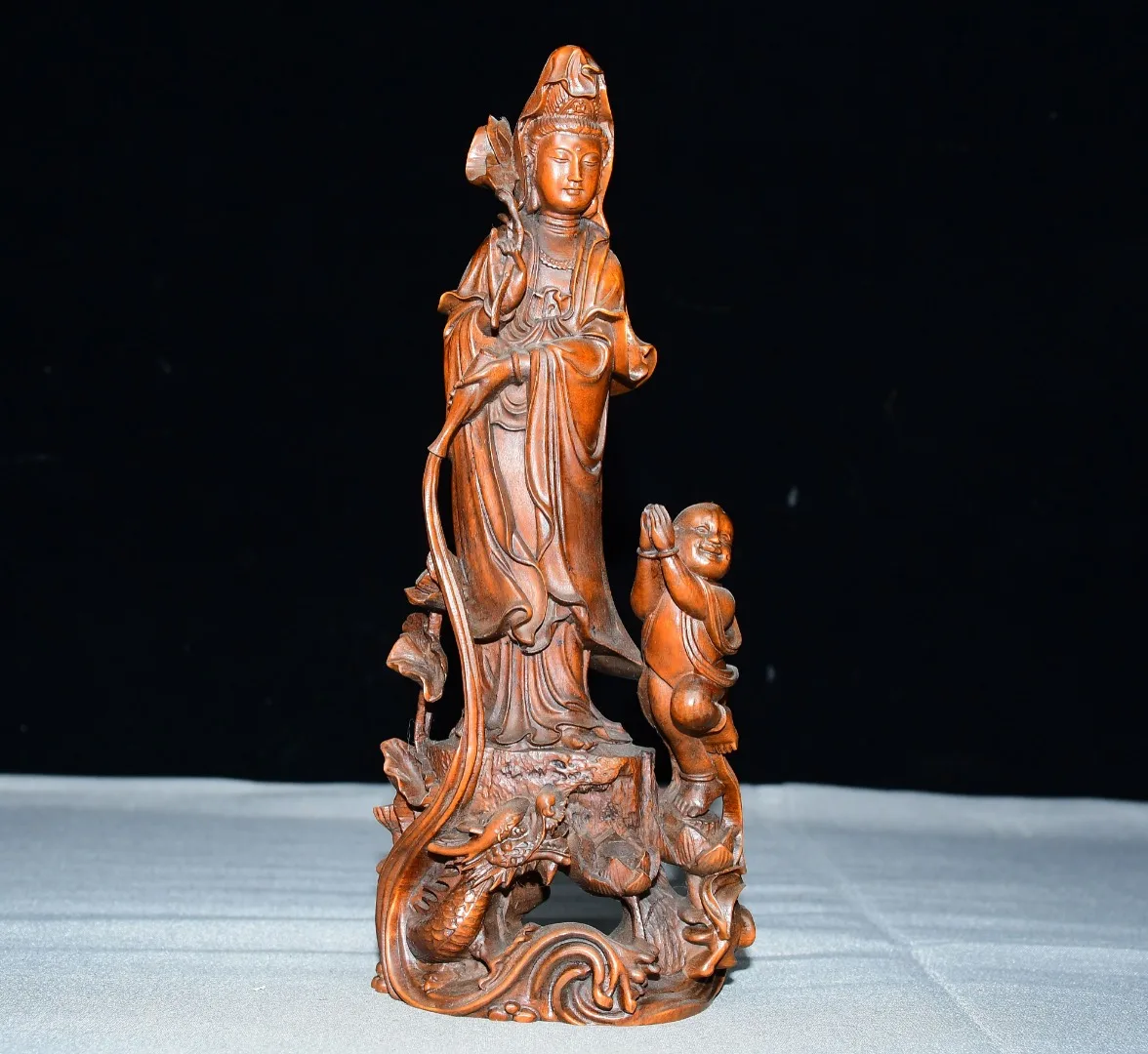 Exquisite Small Leaf Yellow Poplar Wood Gift Guanyin Ornament
