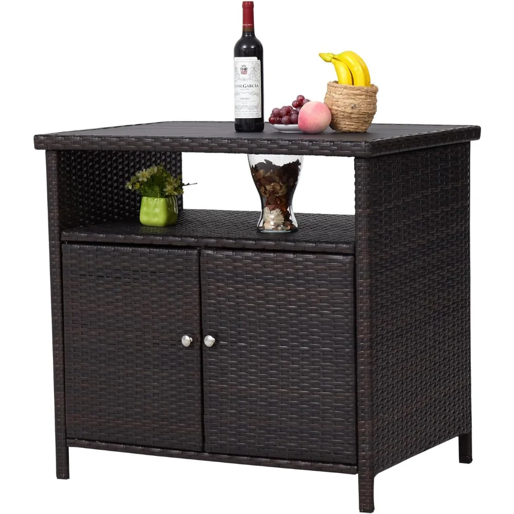 

Outdoor Storage Tables for Patio - Portable Bar Table with 2 Doors & Shelves Weatherproof Wicker Storage Cabinet