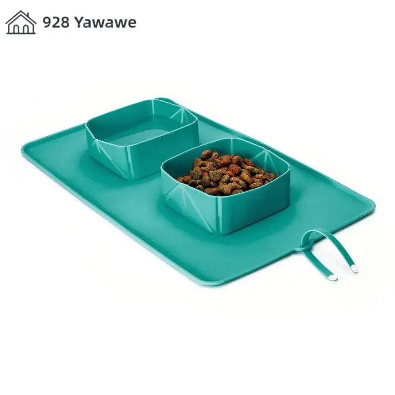 Pet Bowl 600ml Cat Dog Pet Bowl Folding Silicone Double Bowl Flannel Bag Dog Bowl Outdoor Puppy Food Container Portable Pet Bowl