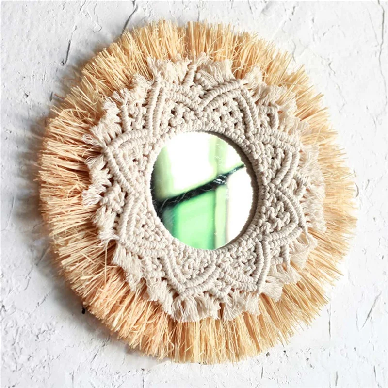 

A54Z 4X Nordic Straw Woven Hotel Bed And Breakfast Wall Boho Decor Handwoven Mirror Wall Decoration Macrame Decorative Mirror