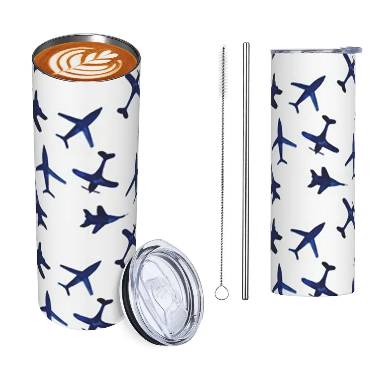 Random Airplanes Pattern Aviation Fighter Pilot Stainless Steel Tumbler Vacuum Mugs Thermal Cold Bottle Straws With Lid 20oz