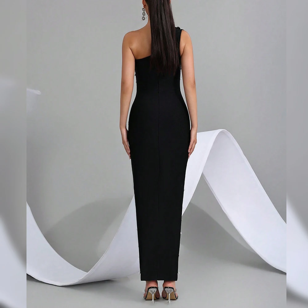 럭셔리 블랙 원숄더 비즈 꽃 장식 이브닝 가운 풀 펄 슬리브리스 바디콘 머메이드 롱 드레스 (웨딩 게스트 파티용)