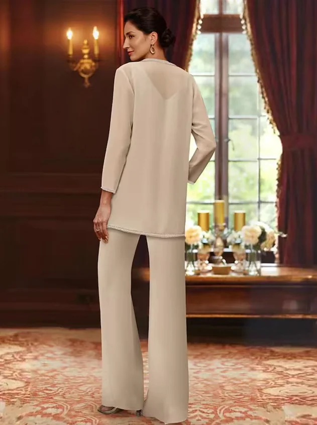 Jumpsuit / Pantsuit 3 Piece Mother of the Bride Dress Formal Wedding Guest V Neck Floor Length Chiffon with Beading Sequin 2026