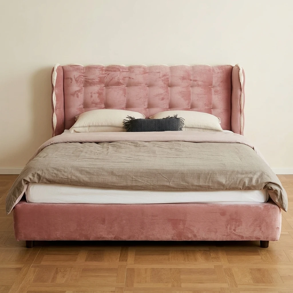 #Modern Luxury Pink Velvet Upholstered Bed Frame King Size Scalloped Headboard Tufted Platform Bed Double Bed for Master Bedroom