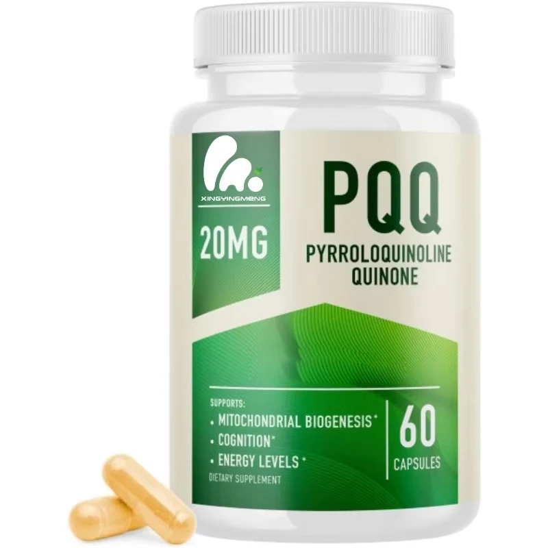 El suplemento PQQ cápsula de 20 mg contiene coenzima Q10 y vitamina B12 para biogenesis mitochondriana y apoyo energético