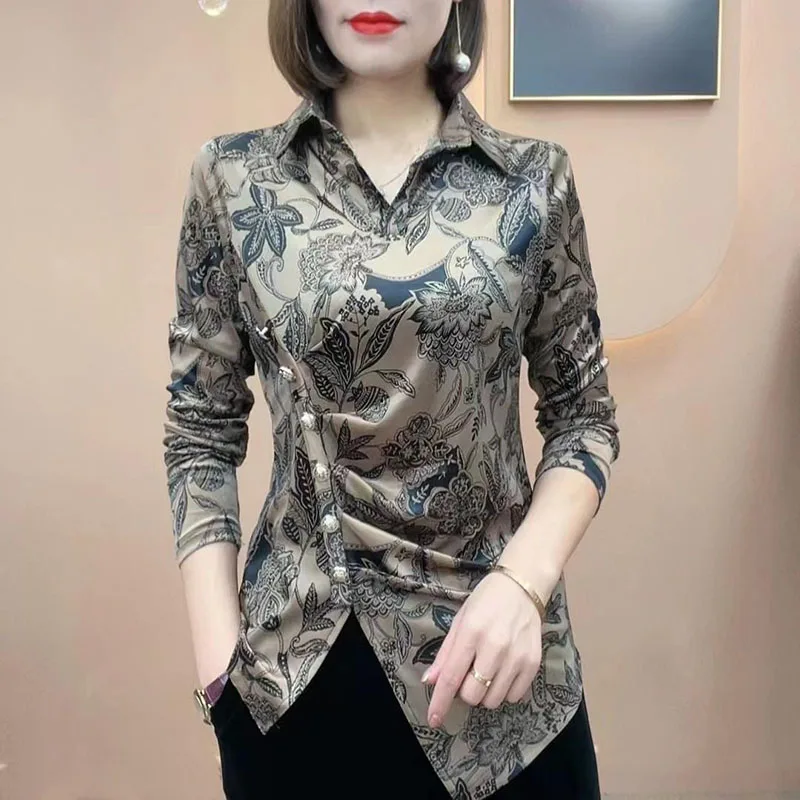 Vintage Printed Button Asymmetrical  Floral Blouse Women Clothing 2022 Autumn New Oversized Casual Tops All-match Commute Shirt