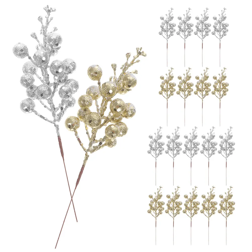 

20pcs Artificial for Christmas Tree Decor Silver Gold Snow Simulated Fake Berry Pick Berry Fruit Picks Home Venue