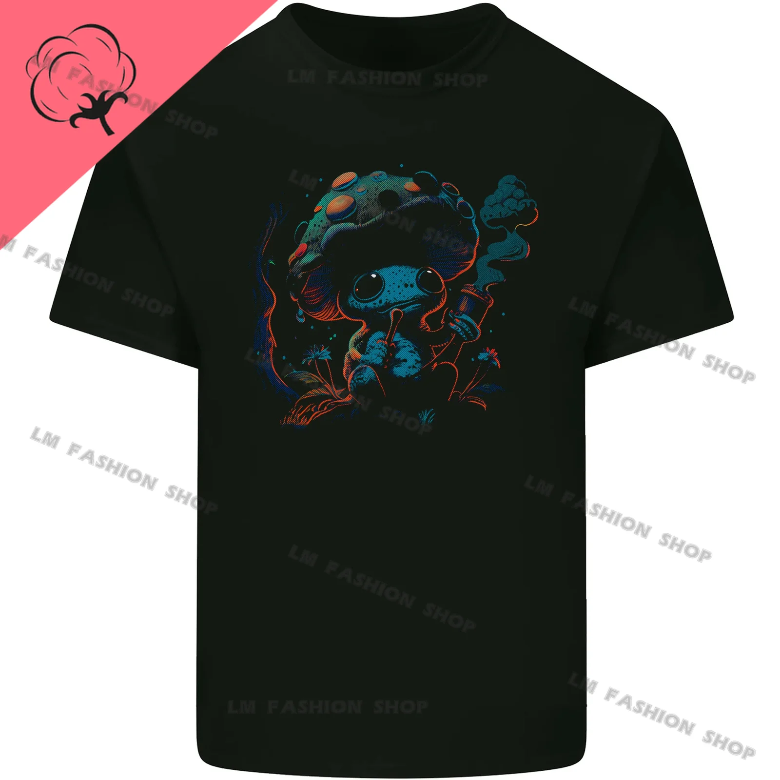 Frog Smoking Magic Mushrooms Bong Grass Graphic TShirts Men's Clothing Short Sleeve Tops Cotton Tees Women's Printed T-Shirt