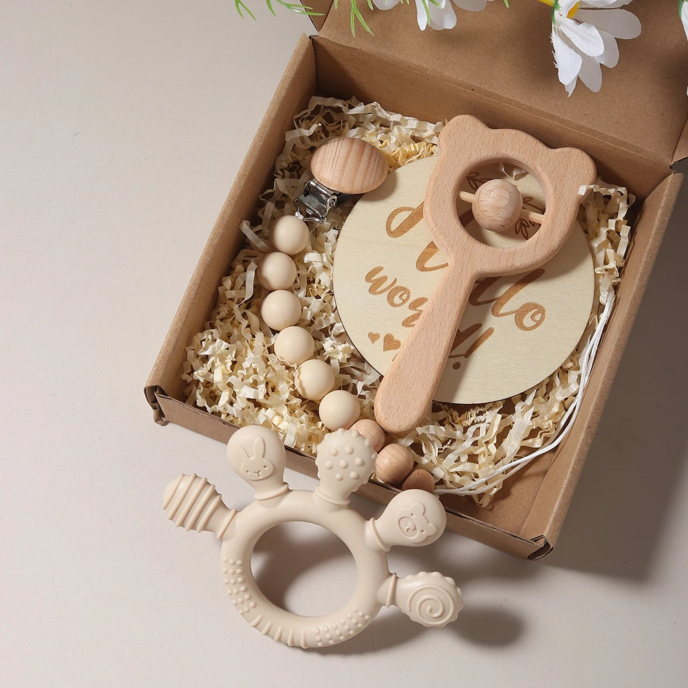 Baby bibs Gift Set With hand Teething Pacifier Chain wooden bear Rattle New Born Baby Teether Set
