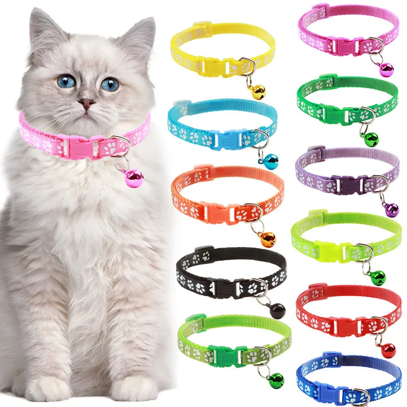 Cute Paw Print Cat Collar with Bell Basic Small Dog Cat Collar Safety Buckle Adjustable Polyester Kitten Collar for Bog Girl Pet