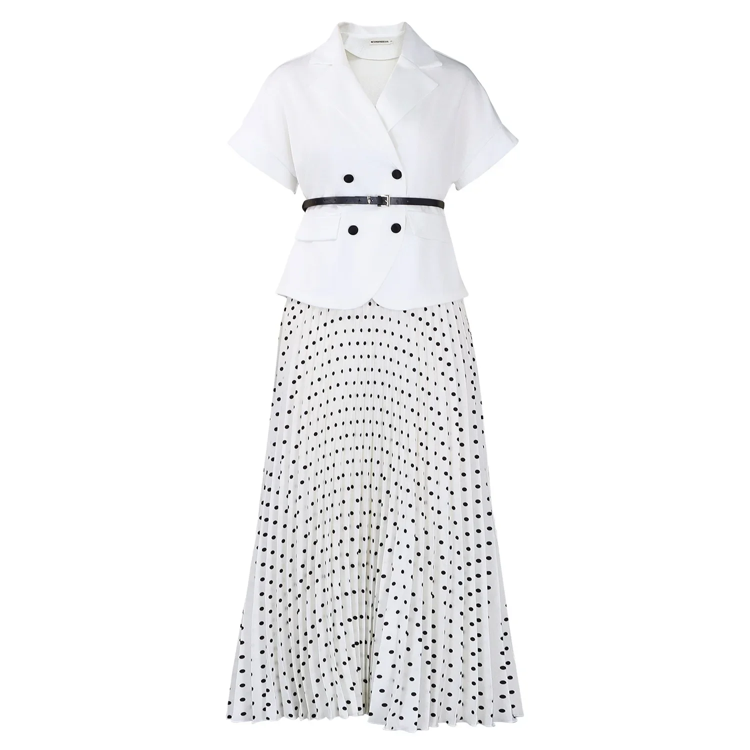 新着-レディース服-半袖ブラウストップスと水玉模様ミディスカートスーツ-高品質2点セット-教会やオフィスの服装に