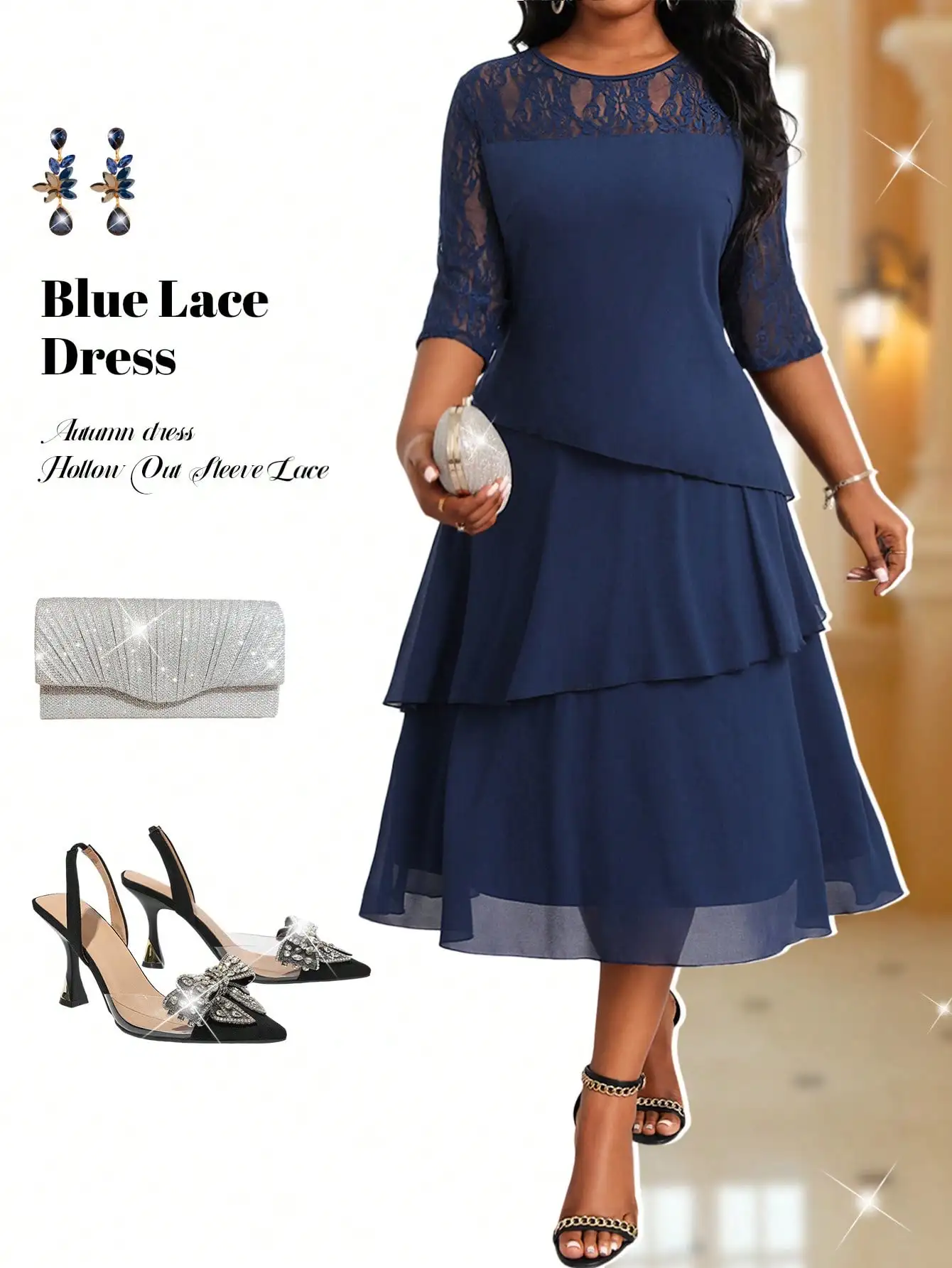 

Navy Blue Lace Overlay Tiered Midi Dress with Hollow-Out Sleeves