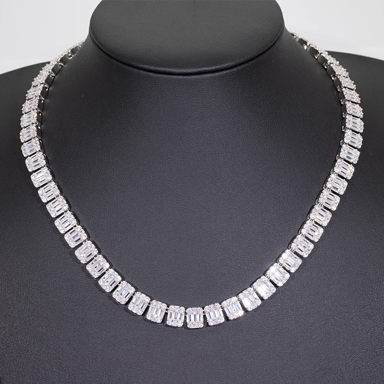 Hop Hip 9mm Tennis Chain S925 Silver With Vvs Baguette Moissanite Diamond Jewelry Necklace for Man and Woman.