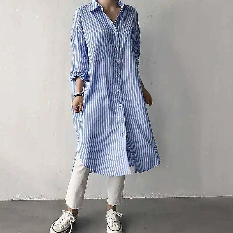 

Women's Medium Long irt Casual Sle Straight Cut Long Sve Collar Warmth Spring Faion Knot Stripe Pattern