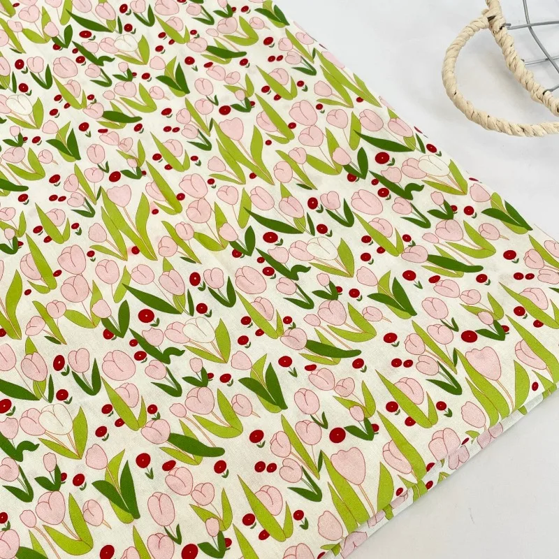 1meter Hand Drawn Tulip Print Soft Cotton Silk Fabric Fresh Breathable Spring Summer Dress Shirt Hanfu DIY Home Craft Sewing