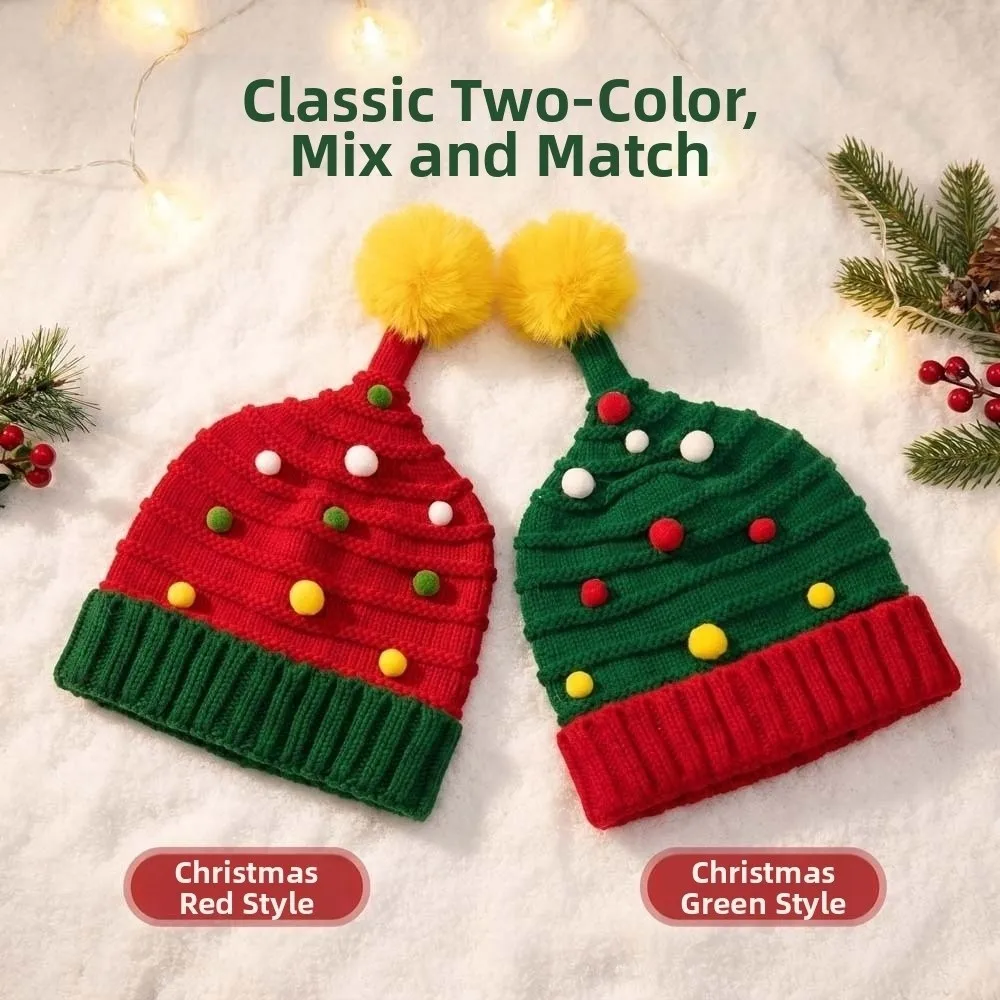 Thermal Yarn Christmas Hat Scarf Striped Pattern Plush Pom Xmas Beanie Snowflake Print Bright Colors Santa Claus Beanie