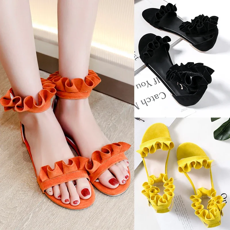 2022 Plus Size Sweet Women Sandals Yellow Ruffle Flock Low Square Heel Ankle Buckle Strap Casual Party Summer Ladies Flat Shoes